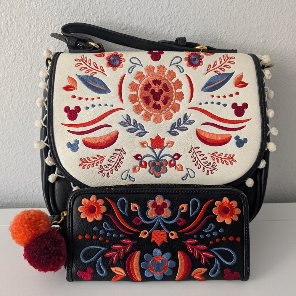 Disney World Embroidered Floral Purse And Wallet Set